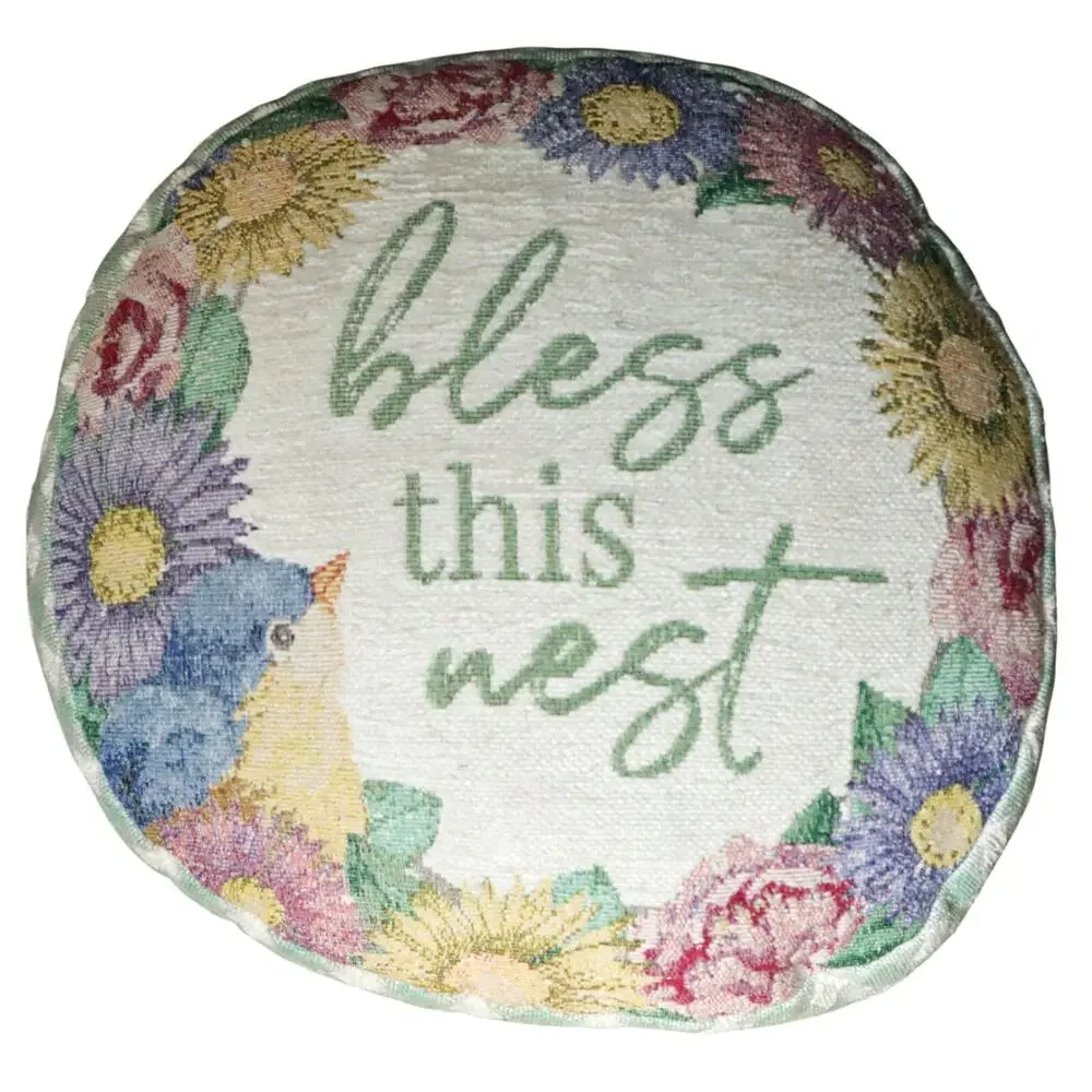 Vintage Bluebird Daisies Pillow Bless this Nest Round Circle Tapestry Floral